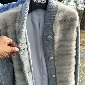 Natural sapphire mink, 27.50” sweater jacket sweep, 41” trimmed wool sleeves,tux